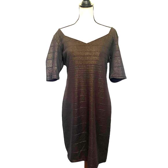 Bisou Bisou Y2K Shimmer Bandage Dress Sz 14 Holiday Party Cocktail Club  Brown - Picture 1 of 15